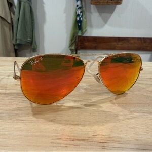 Ray-Ban Gold Frame Sunglasses with Orange-Red Mirror Lenses
